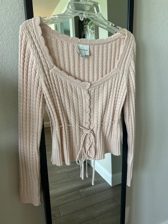 Pink Rose Blush Knit Button-Front Cardigan with Waist Tie - Picture 2 of 2